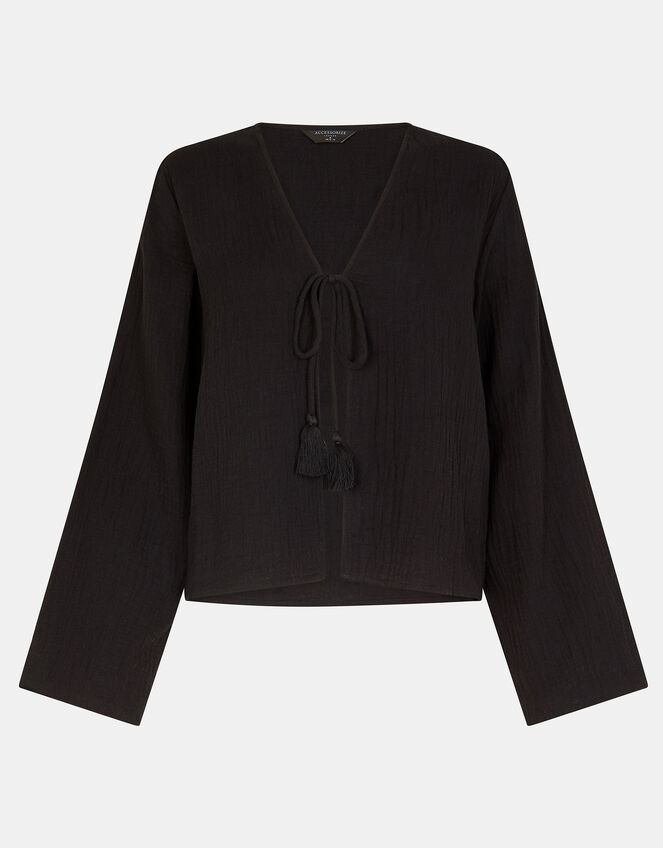 Tie Front Crinkle Top, Black (BLACK), large