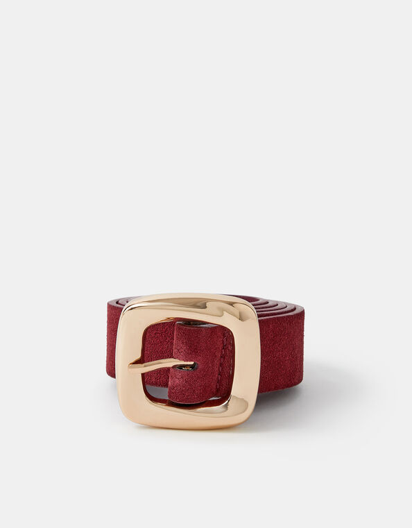 Square Buckle Suede Belt, Red (BURGUNDY), large