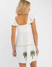 Palm Embroidered Frilly Mini Dress, Ivory (IVORY), large