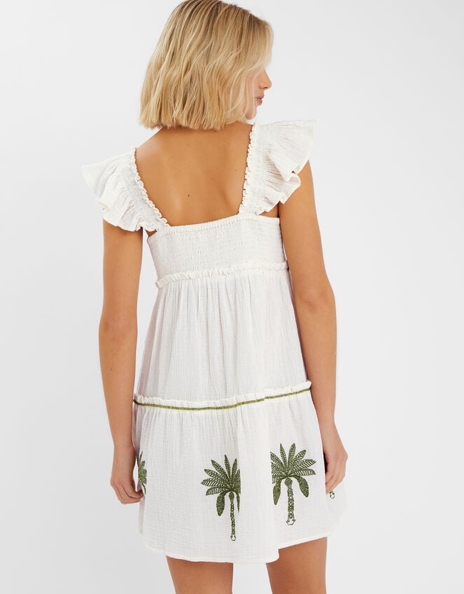 Palm Embroidered Frilly Mini Dress, Ivory (IVORY), large