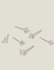 3-Pack Sterling Silver Diamante Stud Earrings, , large