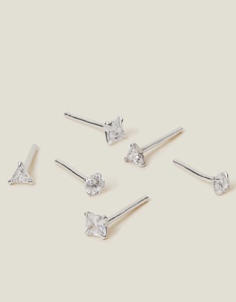 3-Pack Sterling Silver Diamante Stud Earrings, , large