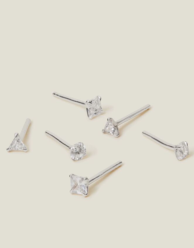 3-Pack Sterling Silver Diamante Stud Earrings, , large