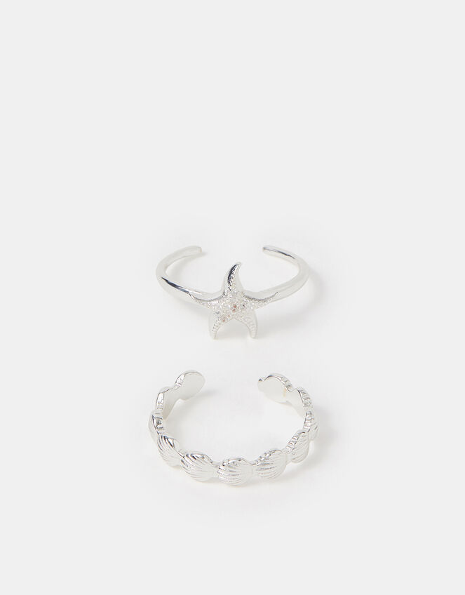 2-Pack Sterling Silver-Plated Shell & Starfish Rings, , large