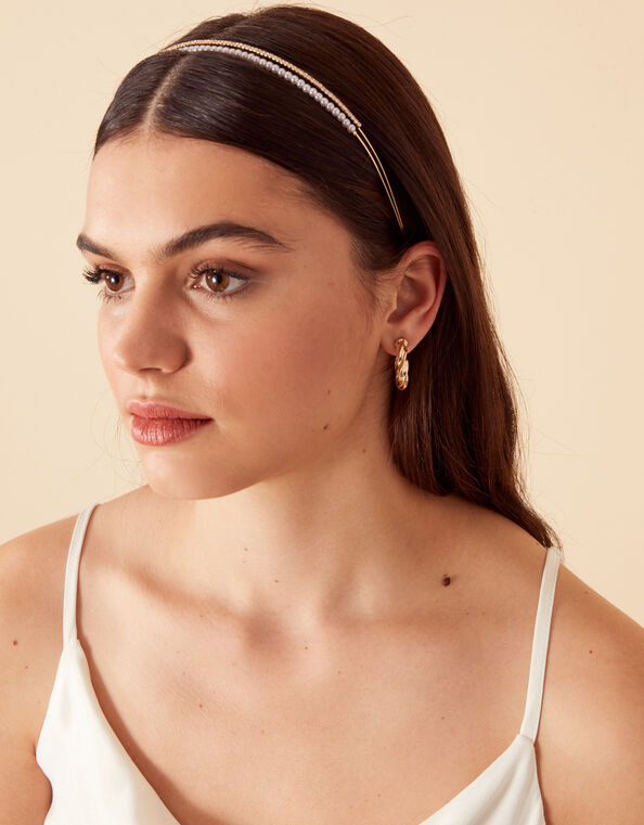 Pearl and Diamante Double Band Headband, , large