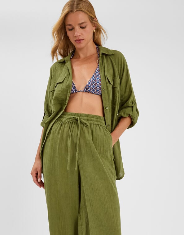 Long Sleeve Beach Cover Up Shirt, Green (KHAKI), large