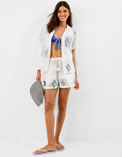 Shell Embroidered Patchwork Shirt, Ivory (IVORY), large