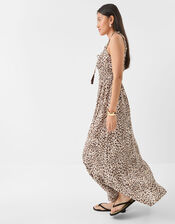 Sleeveless Leopard Print Midi Dress, Brown (BROWN), large