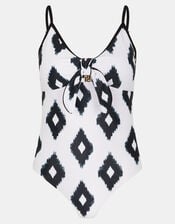 Monochrome Print Tie Front Swimsuit, Ivory (IVORY), large