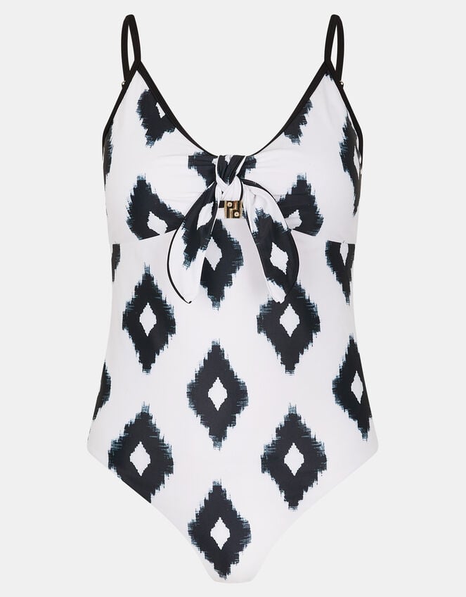 Monochrome Print Tie Front Swimsuit, Ivory (IVORY), large