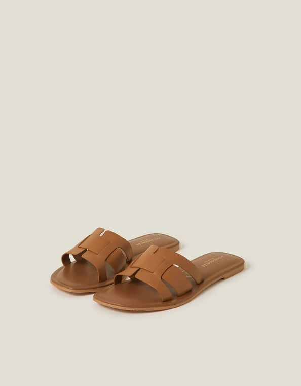 Wide Fit Leather Geometric Slide Sandals, Tan (TAN), large