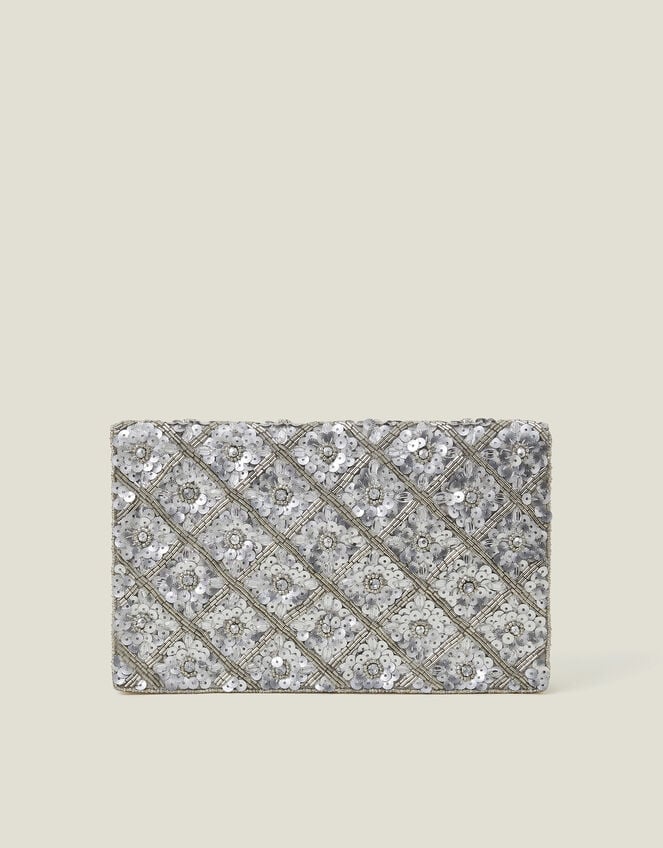 Metallic Embellished Clutch Bag, Silver (SILVER), large