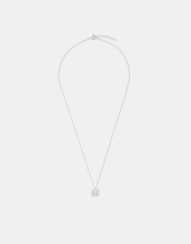 Sterling Silver Princess Cut Pendant Necklace, , large