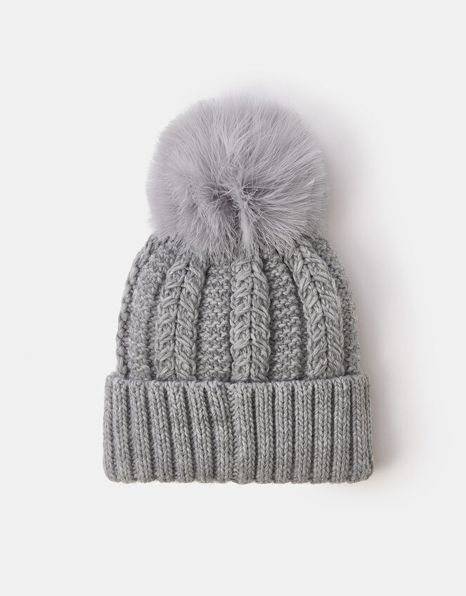 Pom-Pom Beanie Hat, Grey (GREY), large