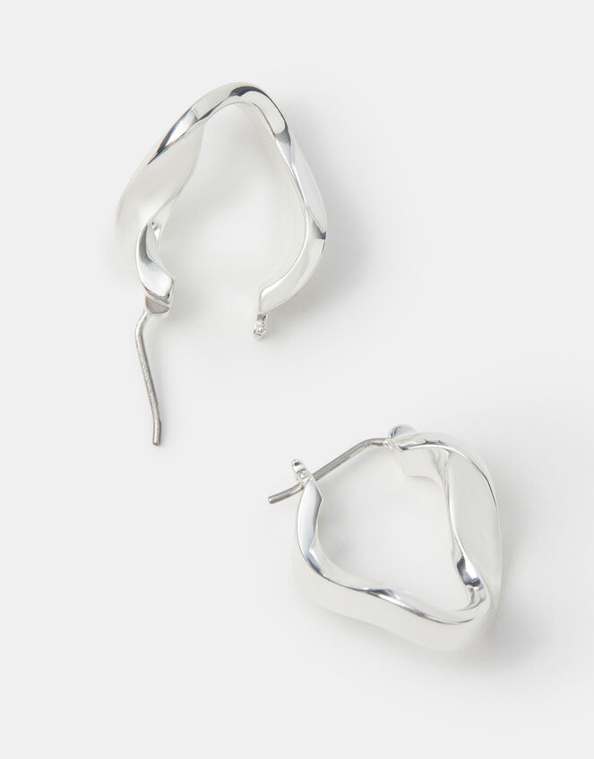 Sterling Silver-Plated Molten Hoop Earrings, , large