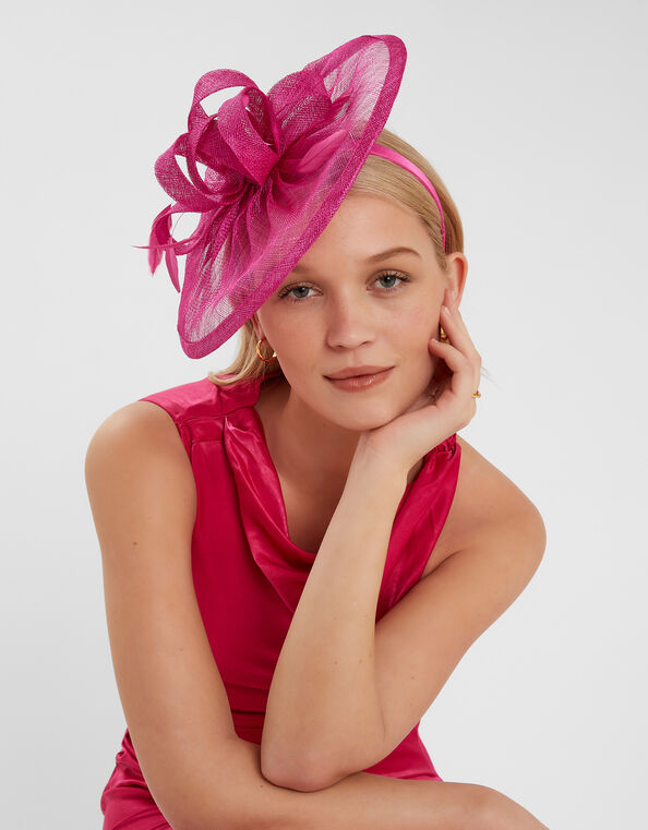 Woven Bow Feather Disc Fascinator, Pink (FUCHSIA), large