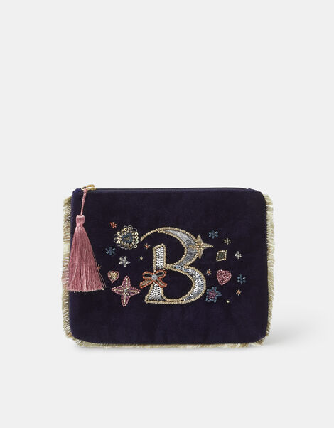 Embellished Initial Velvet Pouch , Blue (NAVY), large