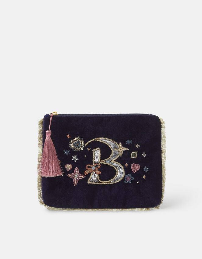 Embellished Initial Velvet Pouch , Blue (NAVY), large