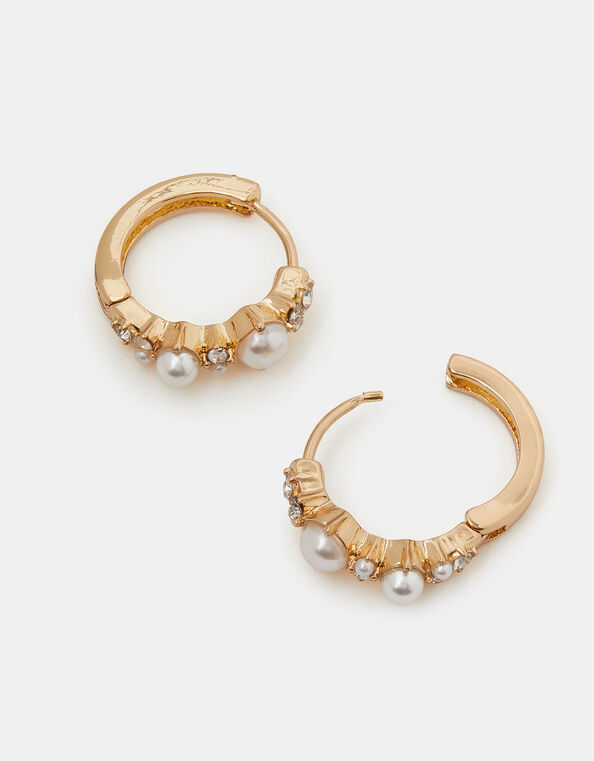 Mini Diamanté Pearl Encrusted Hoop Earrings, , large