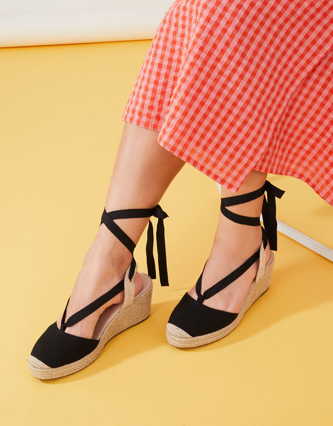 Tie-Up Espadrille Wedges, Black (BLACK), large