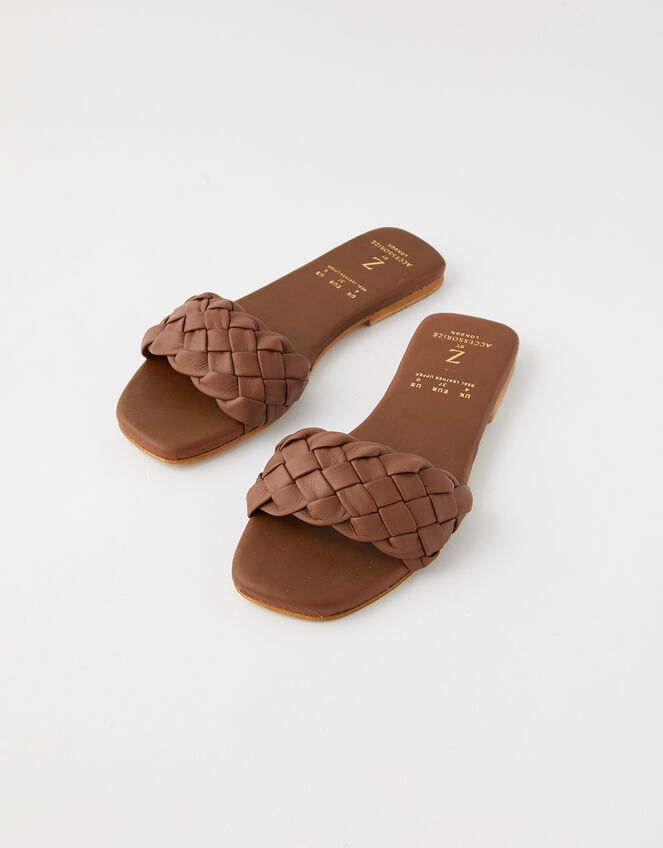 Plaited Strap Leather Sliders, Tan (TAN), large
