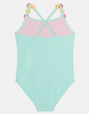 Girls Flower Strap Swimsuit , Blue (BLUE), large