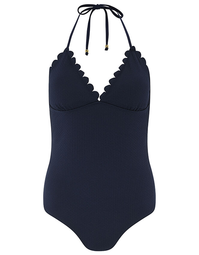 Scalloped Neck Textured Swimsuit, Blue (NAVY), large