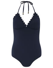 Scalloped Neck Textured Swimsuit, Blue (NAVY), large