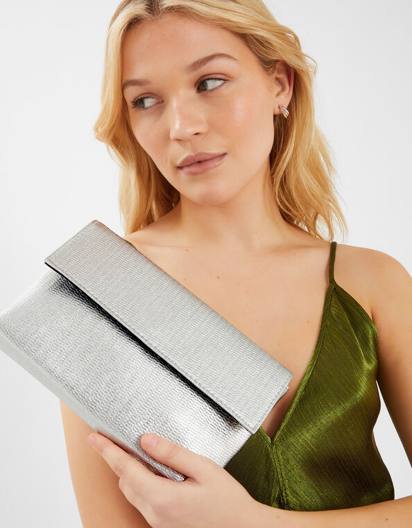Metallic Fold-Over Clutch Bag, Silver (SILVER), large