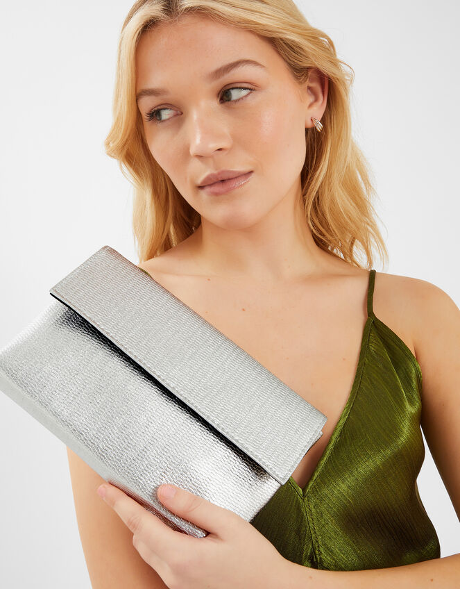 Metallic Fold-Over Clutch Bag, Silver (SILVER), large