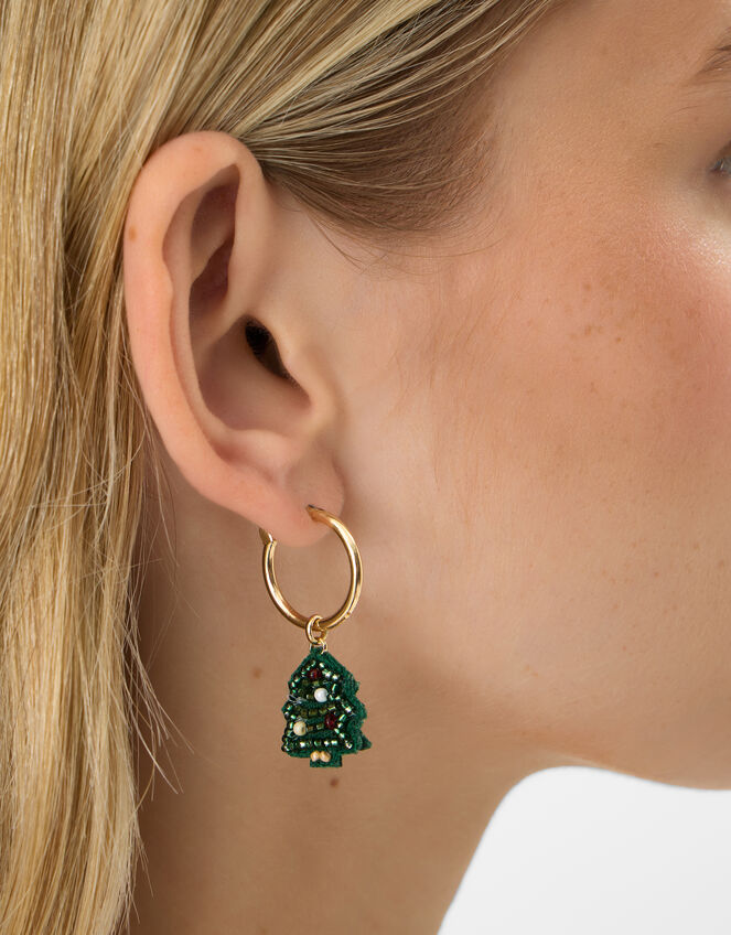 Christmas Tree Huggie Hoop Earrings, , large