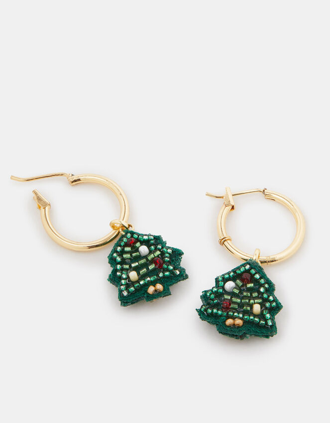 Christmas Tree Huggie Hoop Earrings, , large