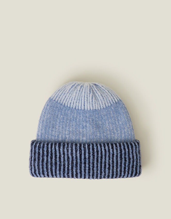 Colour Block Ribbed Knit Beanie Hat, , large
