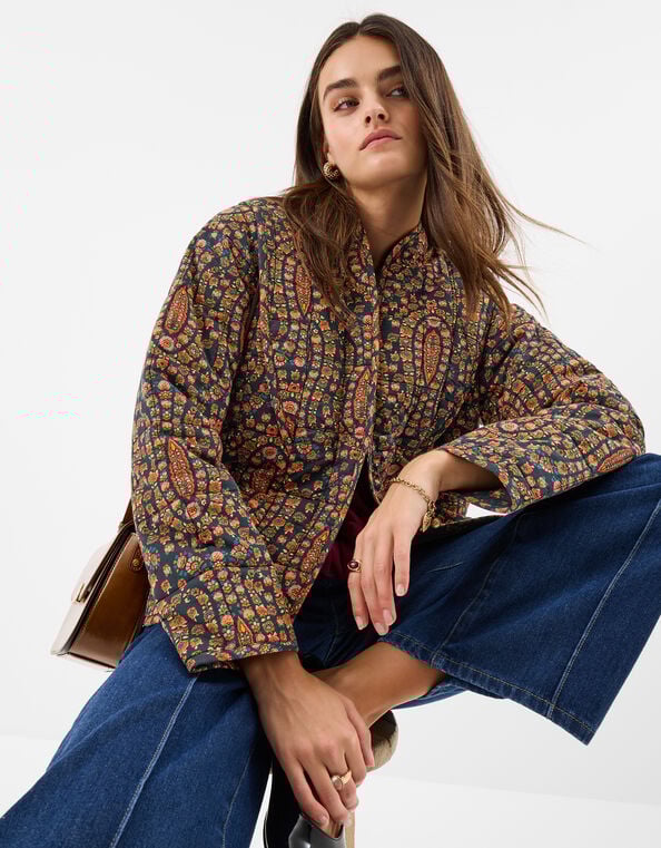 Floral Paisley Print Quilted Jacket, Black (BLACK), large