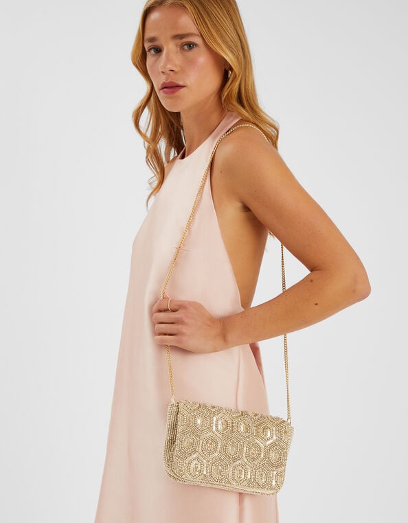 Embellished Fold Over Clutch Bag, Gold (GOLD), large