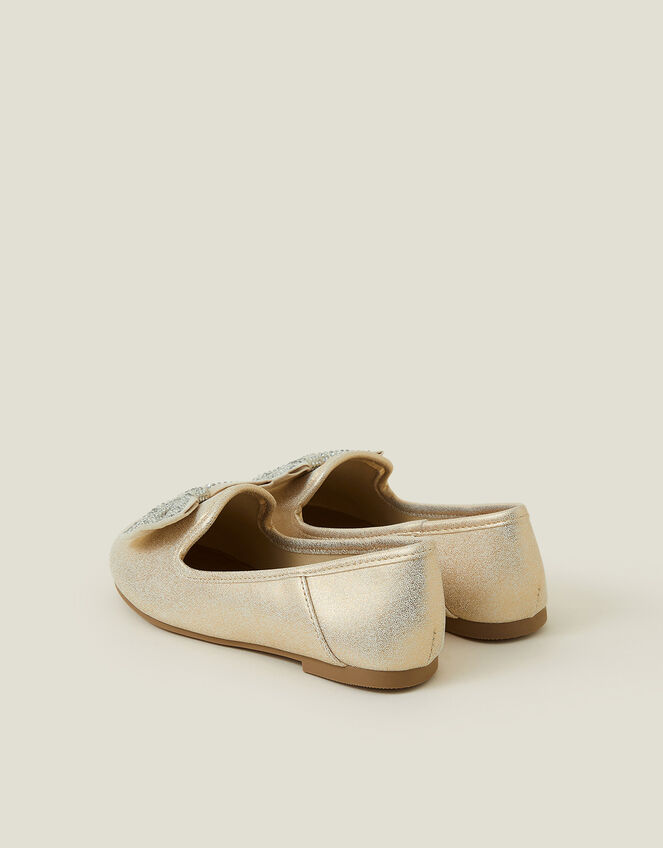 Girls Diamante Bow Metallic Ballet Flats, Gold (GOLD), large