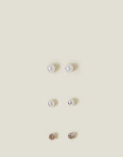 3-Pack Sterling Silver-Plated Pearl Mix Stud Earrings, , large