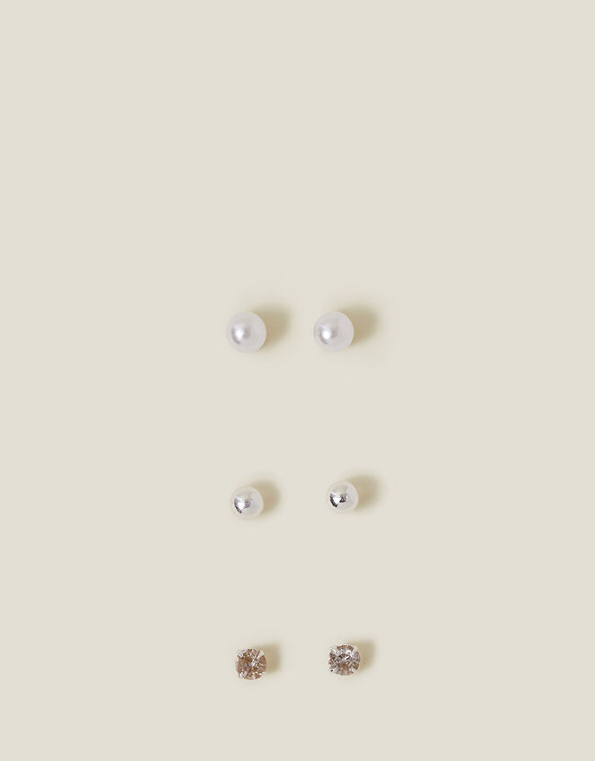 3-Pack Sterling Silver-Plated Pearl Mix Stud Earrings, , large