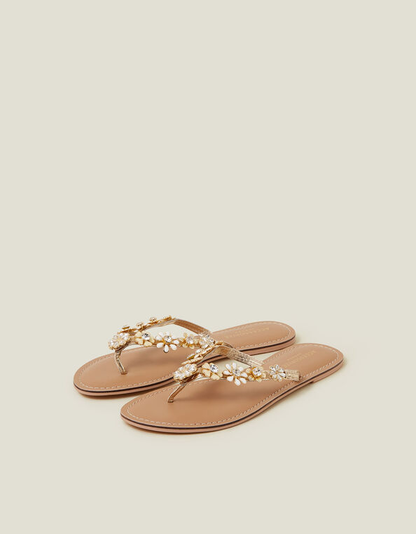 Diamante Flower Flip Flop Sandals, Gold (GOLD), large