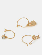 3-Pack Padlock & Key Hoop Earrings, , large