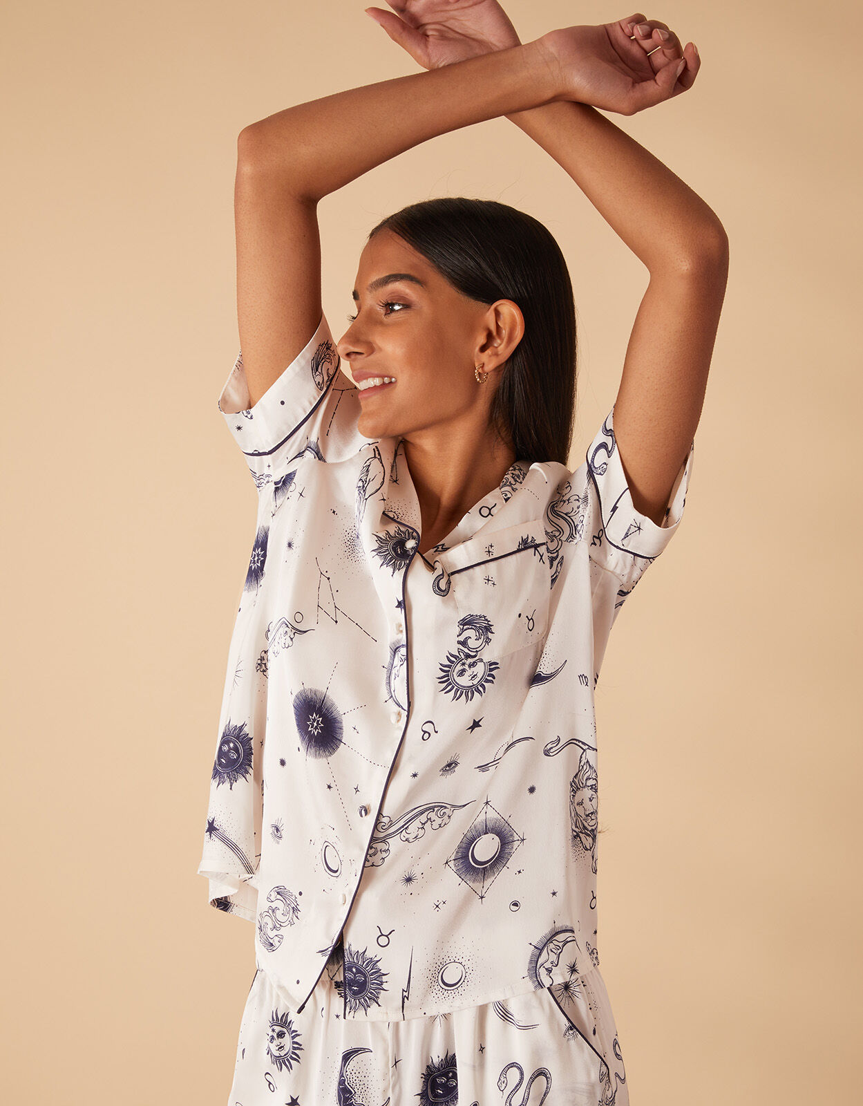 Celestial Zodiac Satin Button Pyjama Set Ivory Nightwear Accessorize ROI