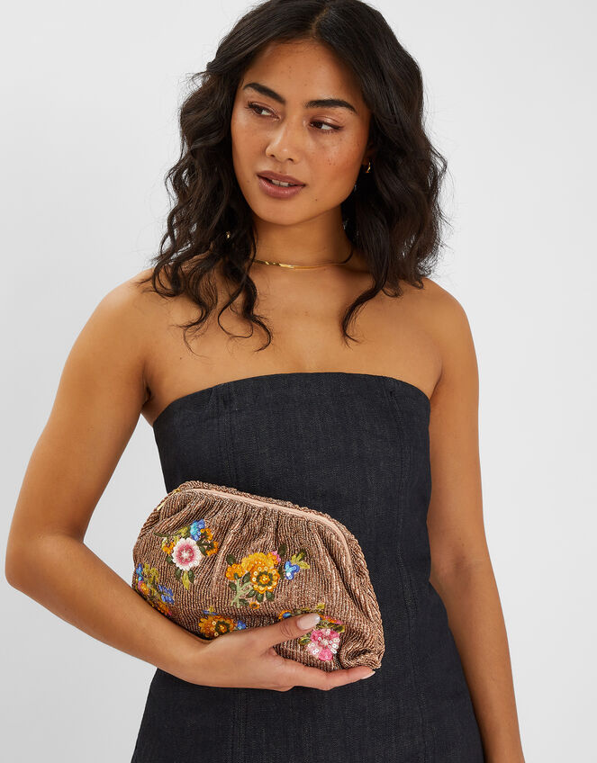 Hand-Beaded Floral Clutch Bag, , large
