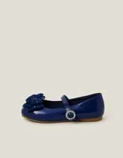 Girls Patent Bow Ballet Flats, Blue (NAVY), large