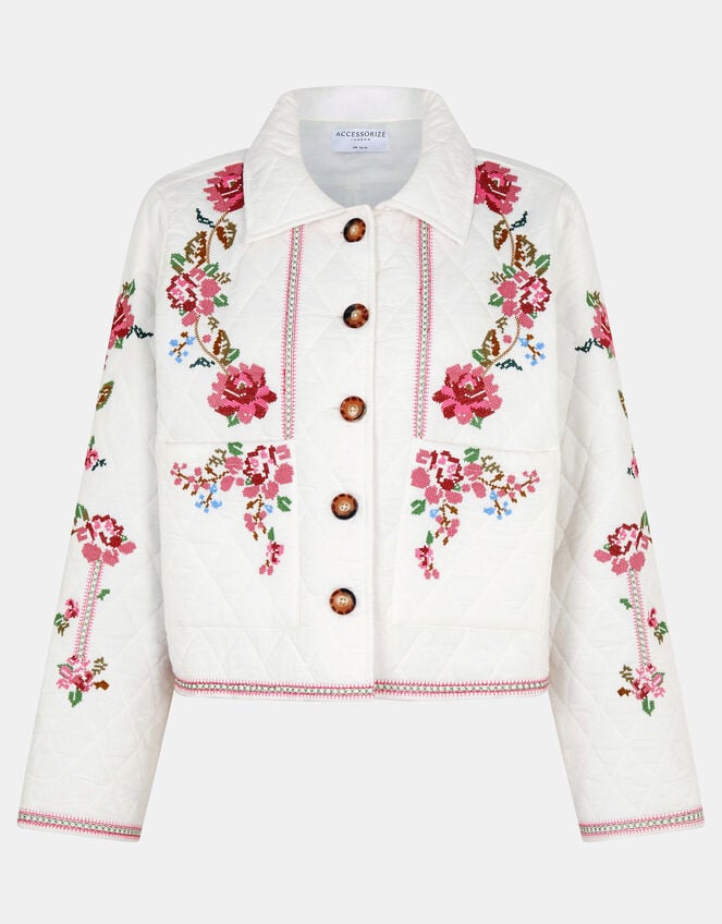 Floral Embroidered Quilted Jacket, Ivory (IVORY), large