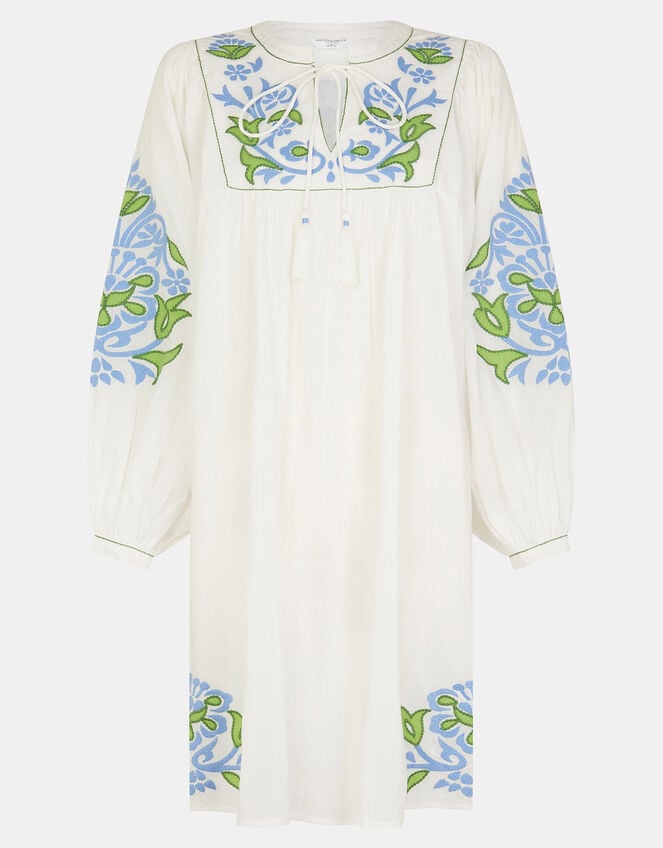 Embroidered Long Sleeve Smock Dress, White (WHITE), large