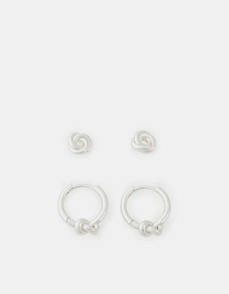 2-Pack Sterling Silver-Plated Knot Hoop Earrings, , large