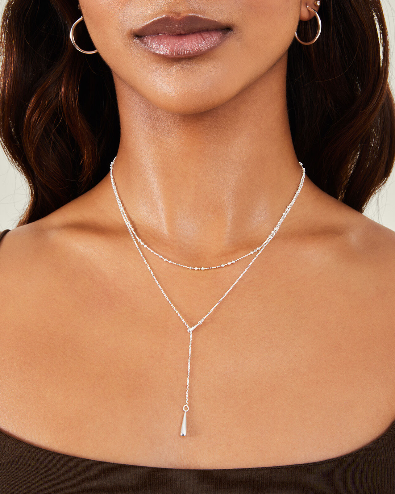 Sterling Silver Plated Layered Y Chain Necklace