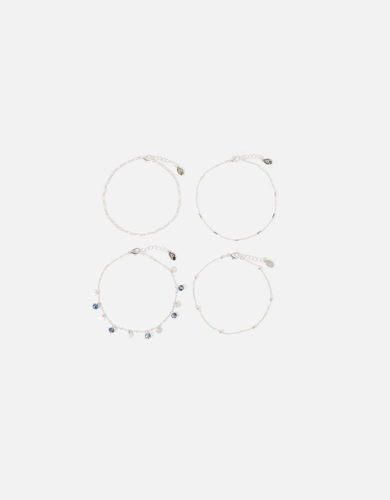 Accessorize ACCESSORIZE 4 x PACK ANKLETS CIRCLE & MIXED CHAIN IN SILVER TONE 