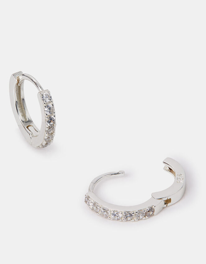 Sterling Silver Pave Mini Huggie Hoops, , large