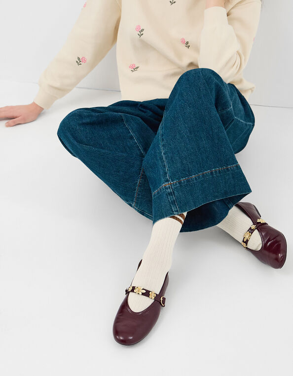 Flower Mary Jane Ballet Flats, Red (BURGUNDY), large